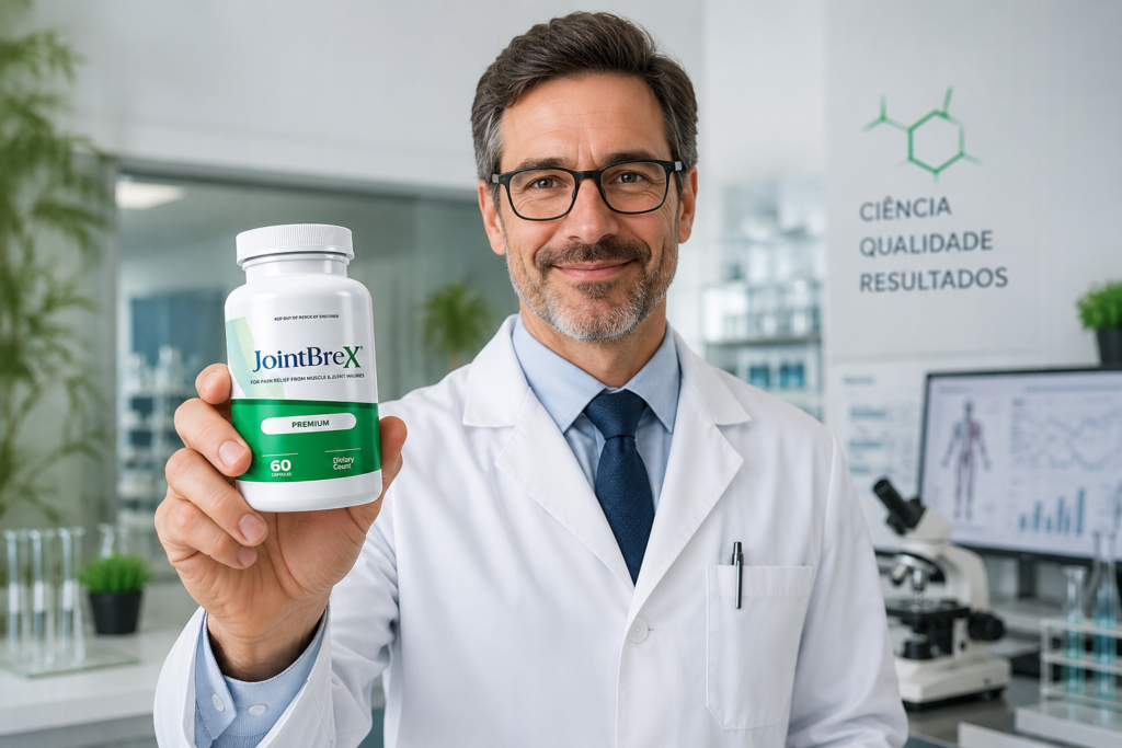Doctor in lab coat holding JointBreX Premium 60 capsules joint and muscle supplement bottle in laboratory — science, quality, results