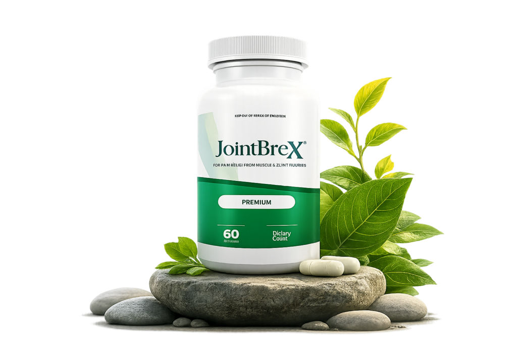 JointBreX Premium single bottle 60 capsules on stones with green natural leaves — joint and muscle pain relief dietary supplement